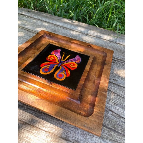 Vintage MCM Teak Wood Style Footed Tray Trivet Tile Butterfly - Picture 14 of 14